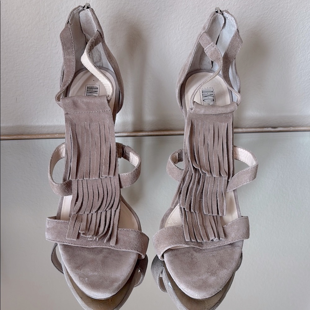 INC Elegant Suede Taupe Fringe 4” Heels